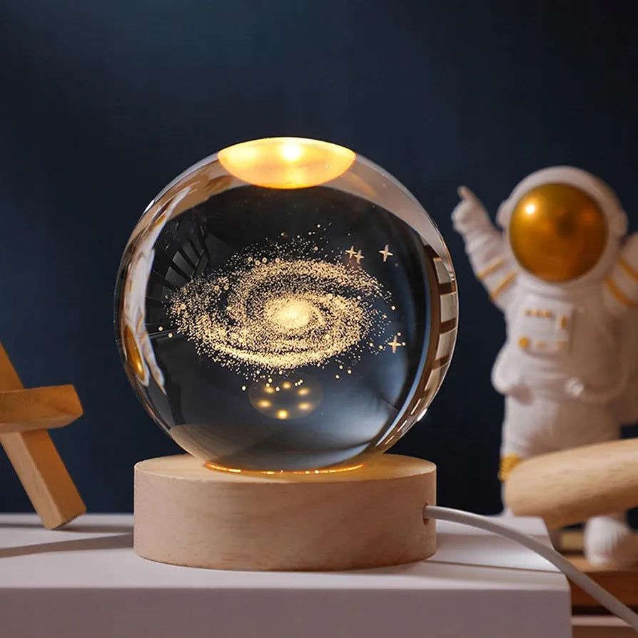 GalaxyAura™ 3D Solar System Crystal Ball Night Lamp – Premium LED Wooden Base Bedside Light
