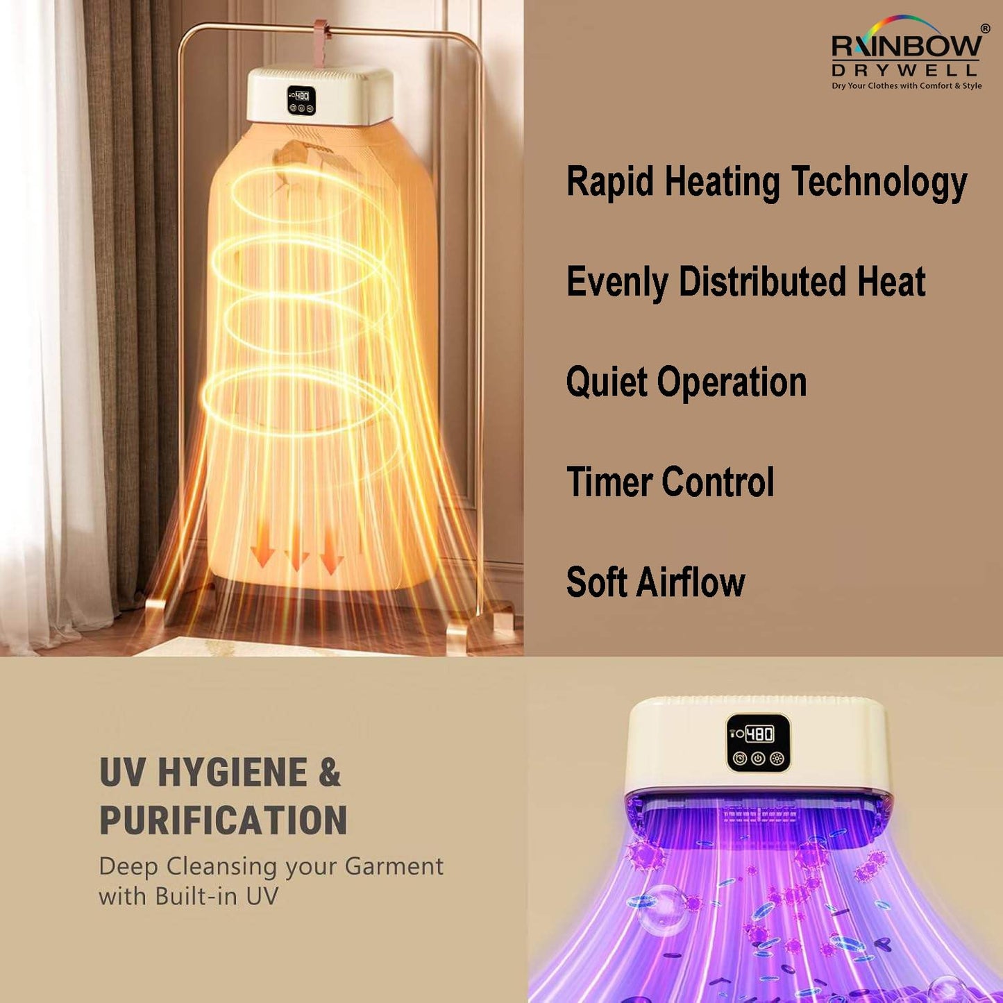 Smart Portable Electric Clothes Dryer – Foldable Wardrobe Cloth & Garment Drying Machine with Digital Timer