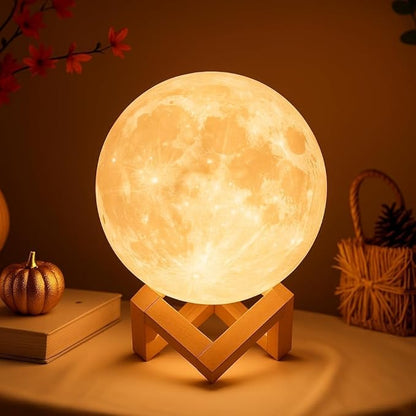 3D Moon Light Lamp – Rechargeable LED Night Lamp with Touch Control, Realistic Lunar Texture & Wooden Stand | Bedroom, Gifts & Home Décor