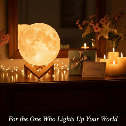 3D Moon Light Lamp – Rechargeable LED Night Lamp with Touch Control, Realistic Lunar Texture & Wooden Stand | Bedroom, Gifts & Home Décor