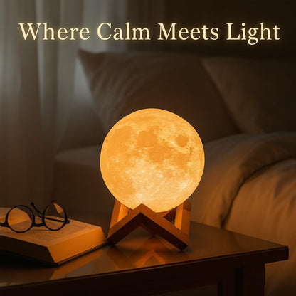 3D Moon Light Lamp – Rechargeable LED Night Lamp with Touch Control, Realistic Lunar Texture & Wooden Stand | Bedroom, Gifts & Home Décor