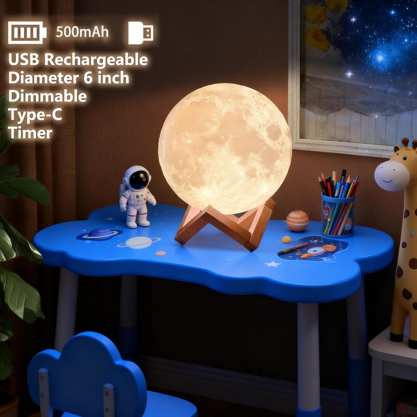 3D Moon Light Lamp – Rechargeable LED Night Lamp with Touch Control, Realistic Lunar Texture & Wooden Stand | Bedroom, Gifts & Home Décor