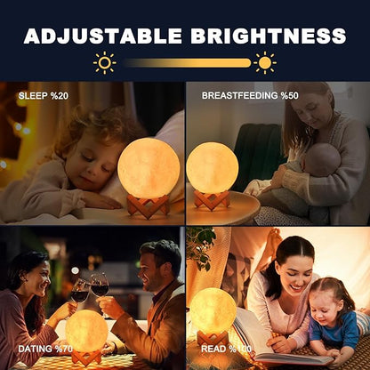 3D Moon Light Lamp – Rechargeable LED Night Lamp with Touch Control, Realistic Lunar Texture & Wooden Stand | Bedroom, Gifts & Home Décor
