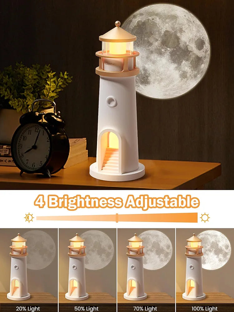 Moonbeam Lighthouse Motion Sensor Night Light – Rechargeable Ambient Moon Projector Lamp for Bedroom & Home Decor