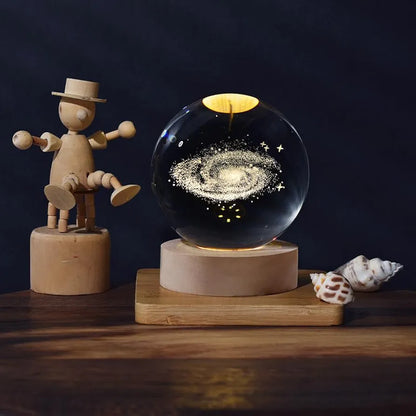 GalaxyAura™ 3D Solar System Crystal Ball Night Lamp – Premium LED Wooden Base Bedside Light