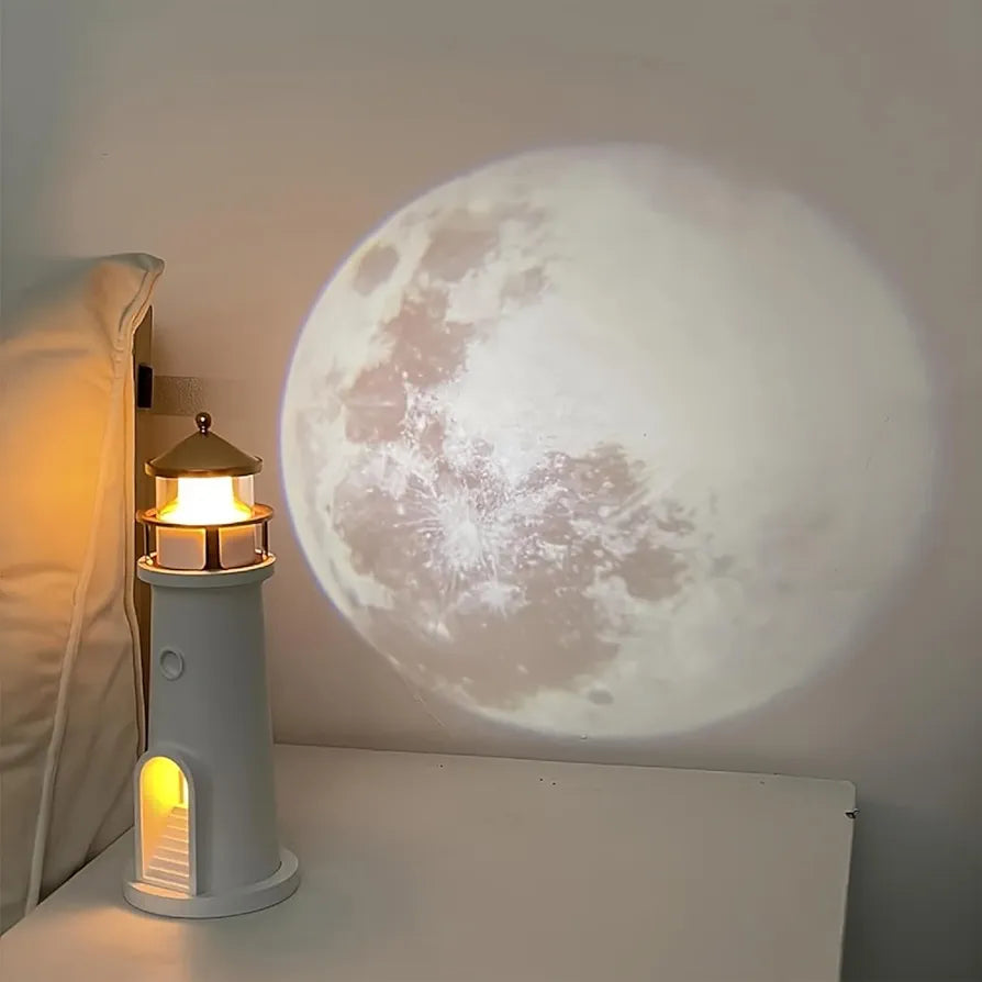 Moonbeam Lighthouse Motion Sensor Night Light – Rechargeable Ambient Moon Projector Lamp for Bedroom & Home Decor