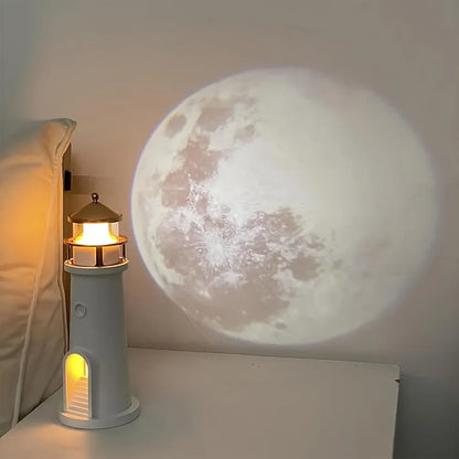 Moonbeam Lighthouse Motion Sensor Night Light – Rechargeable Ambient Moon Projector Lamp for Bedroom & Home Decor