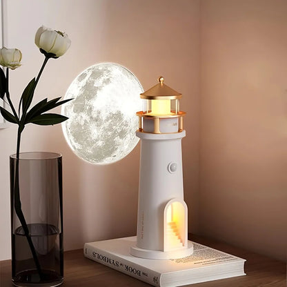Moonbeam Lighthouse Motion Sensor Night Light – Rechargeable Ambient Moon Projector Lamp for Bedroom & Home Decor