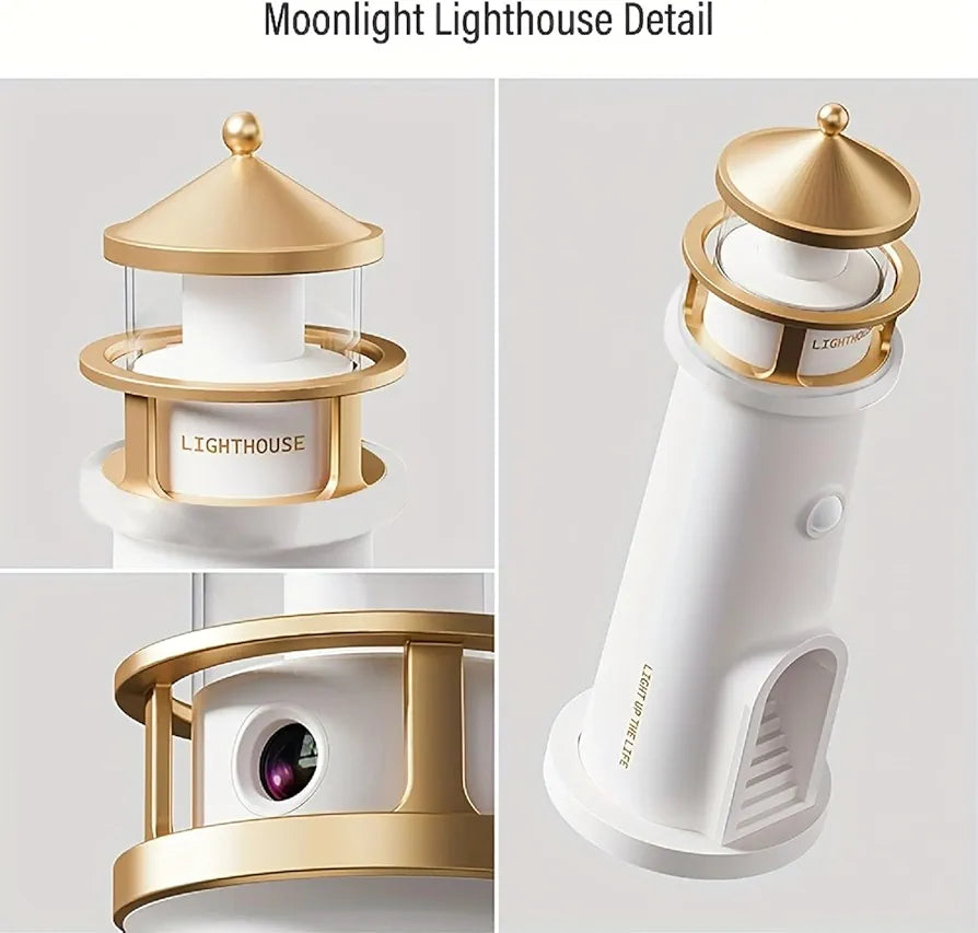 Moonbeam Lighthouse Motion Sensor Night Light – Rechargeable Ambient Moon Projector Lamp for Bedroom & Home Decor