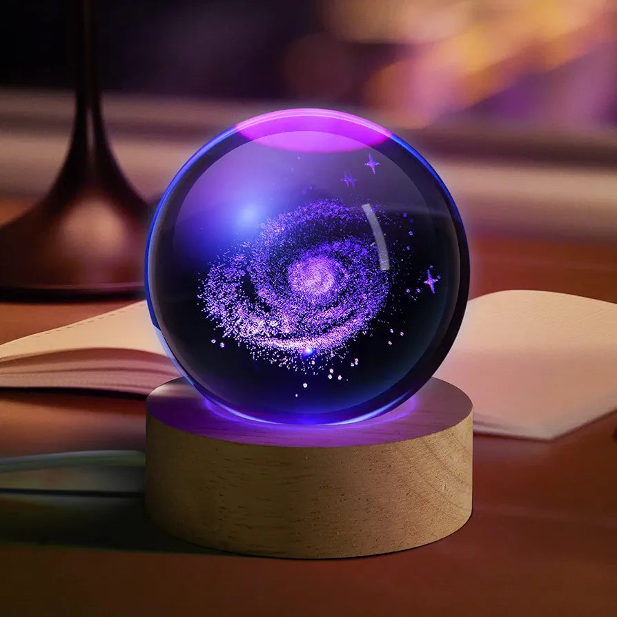 GalaxyAura™ 3D Solar System Crystal Ball Night Lamp – Premium LED Wooden Base Bedside Light
