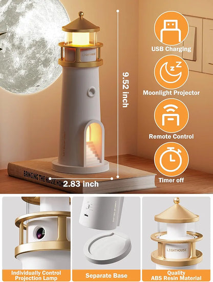 Moonbeam Lighthouse Motion Sensor Night Light – Rechargeable Ambient Moon Projector Lamp for Bedroom & Home Decor