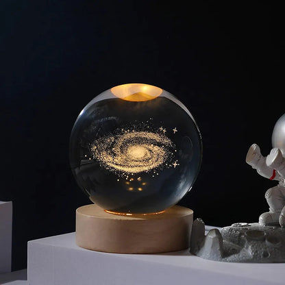 GalaxyAura™ 3D Solar System Crystal Ball Night Lamp – Premium LED Wooden Base Bedside Light