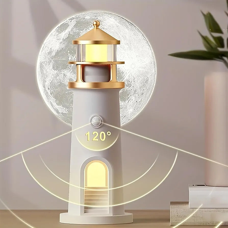 Moonbeam Lighthouse Motion Sensor Night Light – Rechargeable Ambient Moon Projector Lamp for Bedroom & Home Decor
